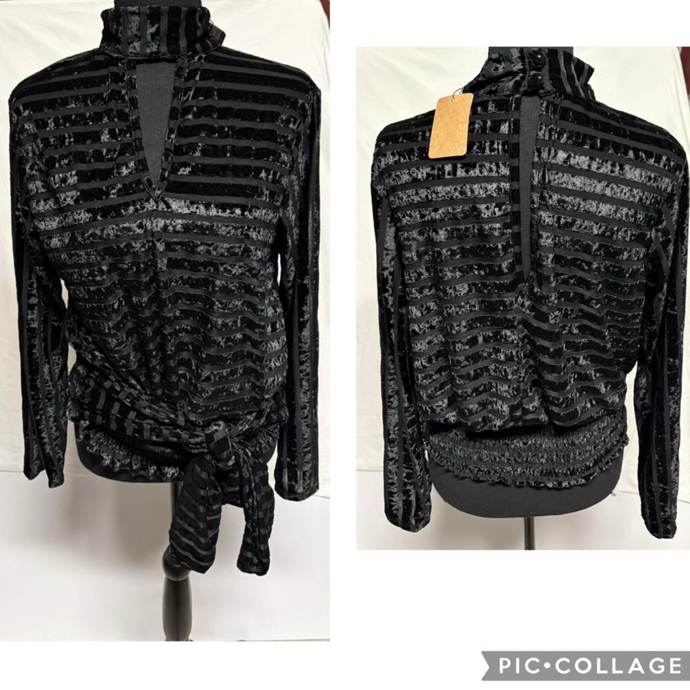 Black velvet and sheer striped tie front (or back ) top a touch of glamour